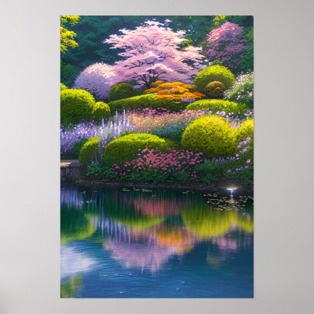 Póster Jardín exuberante con un asombroso árbol sakura (Frente)