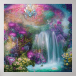 Póster Jardín Fantástico Con Flores Y Cascada De Agua Cal