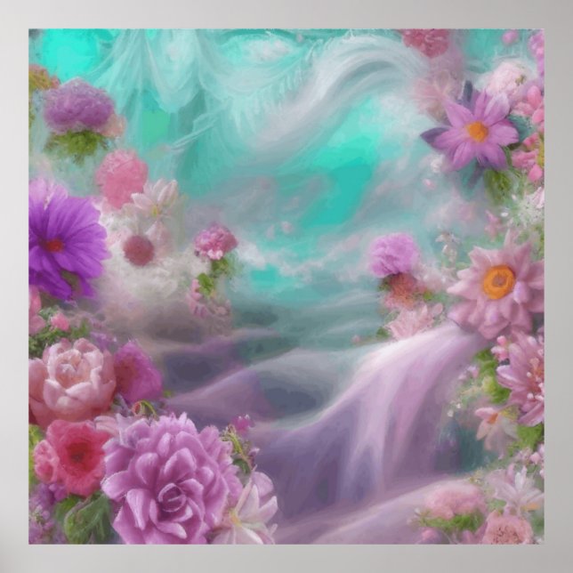 Póster Jardín Fantástico Con Flores Y Cascada Rosa (Frente)