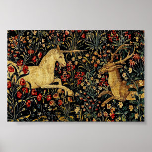 Póster Jardín Floral Colgante del Unicornio Medieval de M