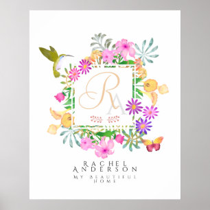 Póster Jardín floral Monograma Blanco