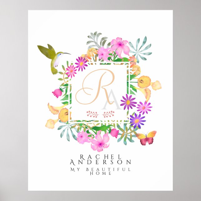 Póster Jardín floral Monograma Blanco (Frente)