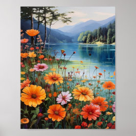 Póster Jardín floral por el día de primavera del lago