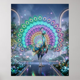 Póster Jardín Holograma de Pavo Real de Neón