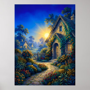Póster Jardín iluminado por el sol al amanecer