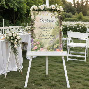 Póster Jardín inglés acuarela floral boda bienvenida