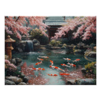 Jardín japonés con flores de Koi y cerezo