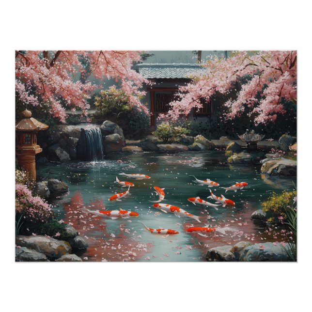 Póster Jardín japonés con flores de Koi y cerezo (Anverso)