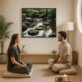 Póster Jardín japonés con piedras, agua y plantas