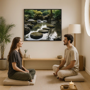 Póster Jardín japonés con piedras, agua y plantas