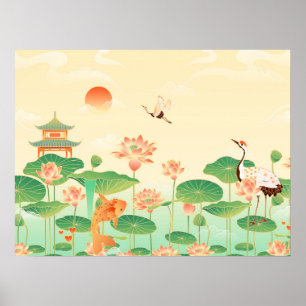 Póster Jardín japonés Koi Pond y Waterlilies Art