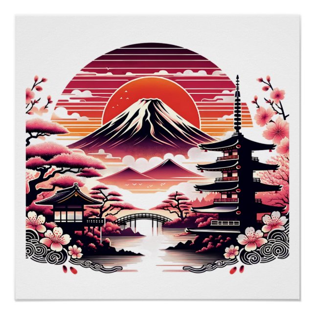 Póster Jardín japonés Sakura Monte Fuji Flor de cerezo (Anverso)