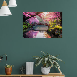 Póster Jardín japonés, temporada de floración de cerezos.