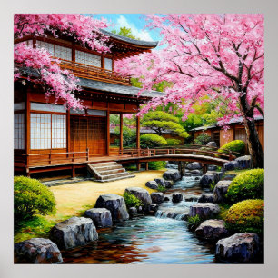 Póster Jardín Japonés Tradicional Con Flor de Cerezo