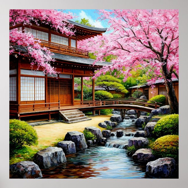 Póster Jardín Japonés Tradicional Con Flor de Cerezo (Frente)