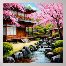 Póster Jardín japonés tradicional con flores de cerezo