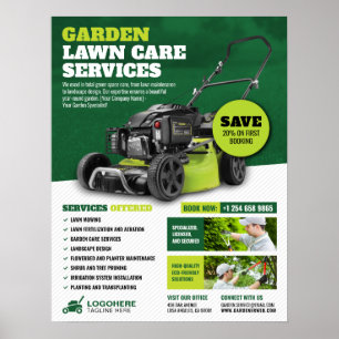Póster Jardín, labor de tala de césped, servicios de aten