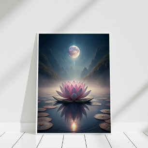 Póster Jardín Lotus iluminado por la luna - Reflexión Lun