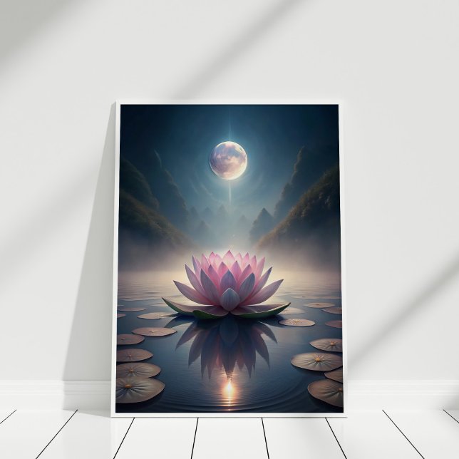Póster Jardín Lotus iluminado por la luna - Reflexión Lun (Moonlit Lotus Garden – Tranquil Lunar Reflection Poster in a white wooden frame)