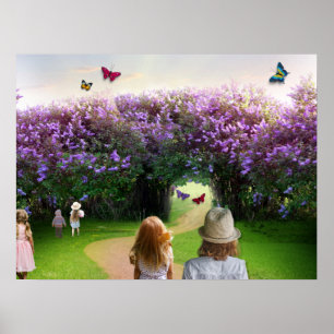 Póster jardín mágico con niños y mariposas
