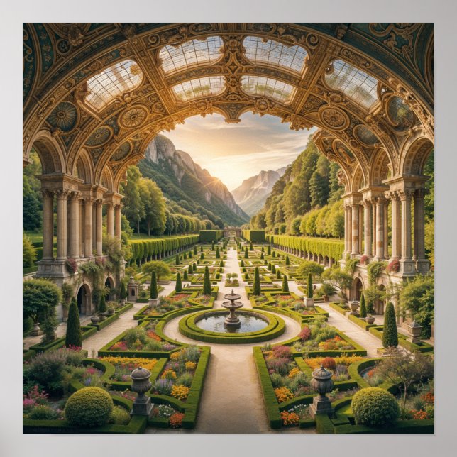 Póster Jardín majestuoso al amanecer - Elegancia arquitec (Frente)