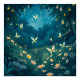 Póster Jardín nocturno con flores y luciérnagas