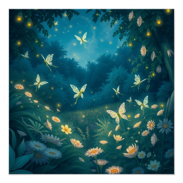 Póster Jardín nocturno con flores y luciérnagas (Anverso)