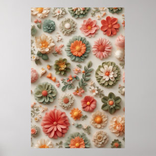 Póster Jardín Pastel: Lay plano floral 3D artesanal