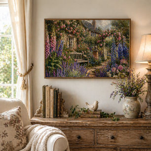Póster Jardín Romántico Floral de Cabaña Inglesa