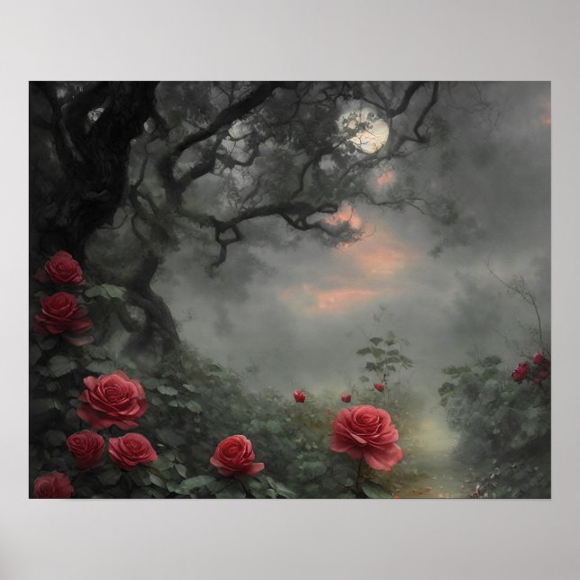 Póster Jardín rosa salvaje - luna llena del bosque oscuro (Frente)