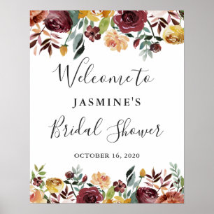 Póster Jardín rústico Borgoña Floral Bridal Ducha Rótulo