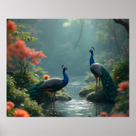 Póster jardín zen con pavos reales