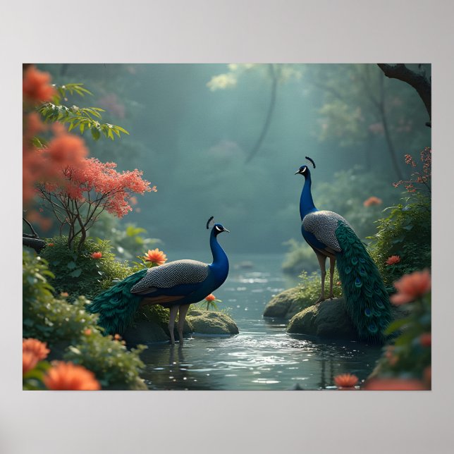 Póster jardín zen con pavos reales (Frente)