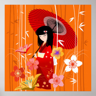 Póster Jardín Zen de muñeca Kokeshi