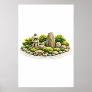 Póster Jardín Zen Japonés con Linterna de Piedra y Roca