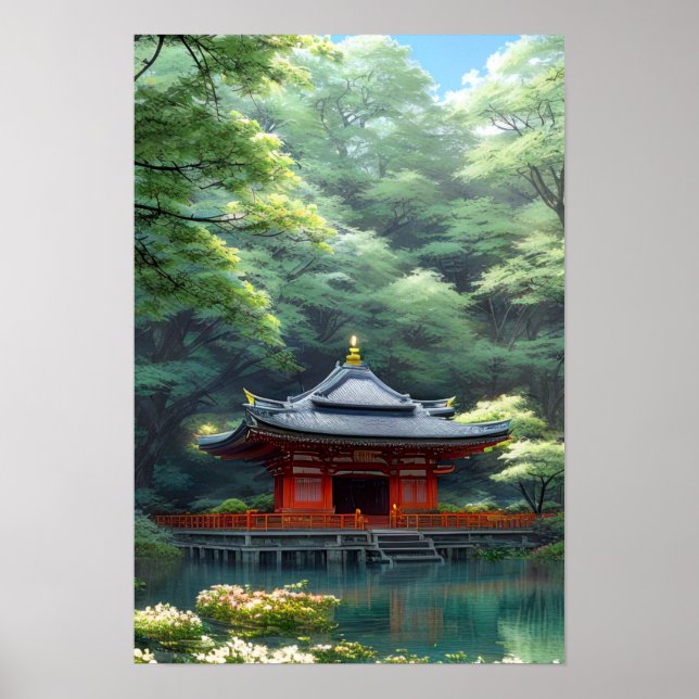 Póster Jardín Zen junto al estanque tranquilo (Frente)