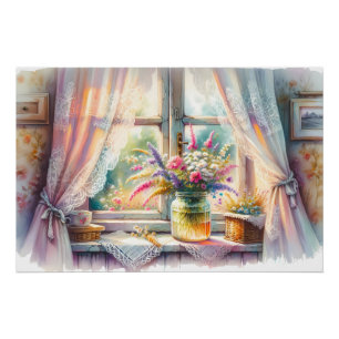 Póster Jardineras Silvestres en Ventana de Cabaña Ilumina