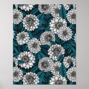 Póster Jardines Dahlia blancos/ hojas azules 2