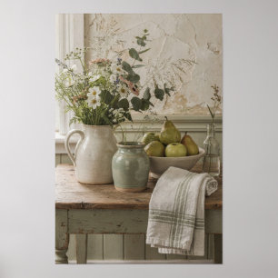 Póster Jarra de flores silvestres con peras y lino