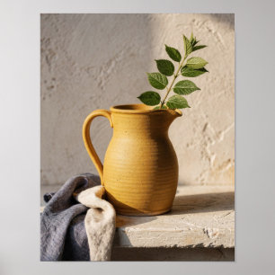 Póster Jarra de loza ocre y naturaleza muerta de lino