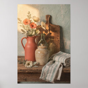 Póster Jarra de terracota con amapolas y lino