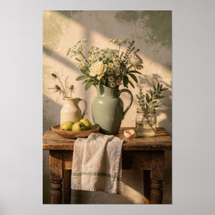 Póster Jarra verde con margaritas y peras