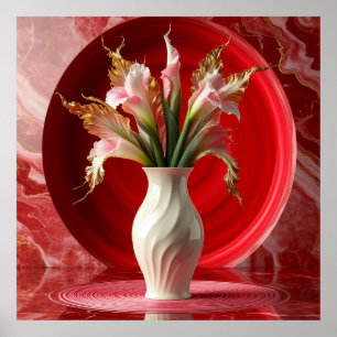 Póster Jarrón Blanco Elegante con Flores Coloridas