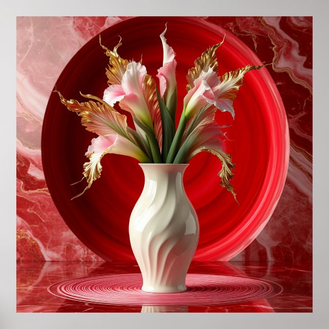 Póster Jarrón Blanco Elegante con Flores Coloridas (Frente)