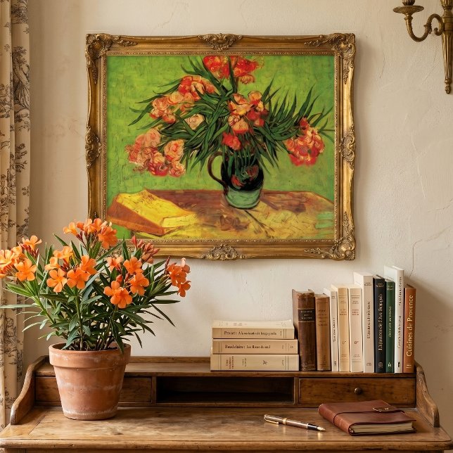 Póster Jarrón con adelfas y libros de Vincent van Gogh (Still Life: Vase with Oleanders and Books by Vincent van Gogh is a post impressionism painting.)