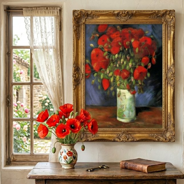 Póster Jarrón con amapolas rojas de Vincent van Gogh (Vase with Red Poppies by Vincent van Gogh is a vintage fine art post impressionism still life floral)