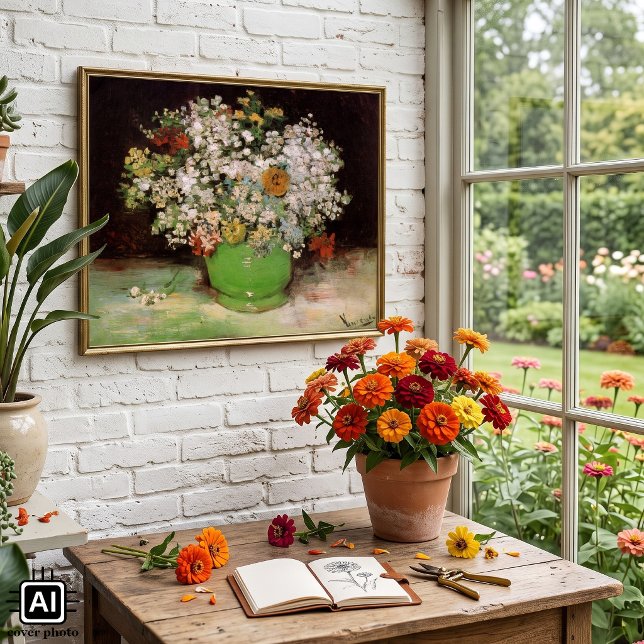 Póster Jarrón con flores de Zinnia por Vincent van Gogh (Vase with Zinnias and Other Flowers by Vincent van Gogh is a vintage post impressionism painting.)