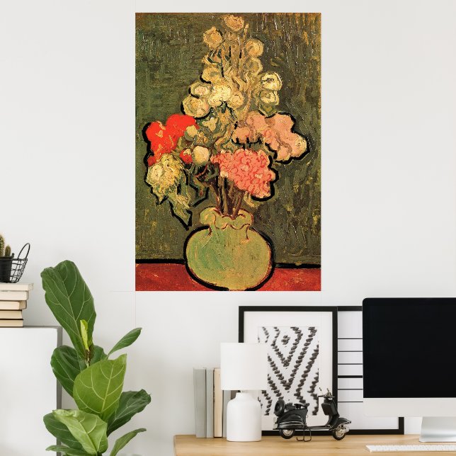Póster Jarrón con malvas rosadas de Vincent van Gogh (Oficina en casa)