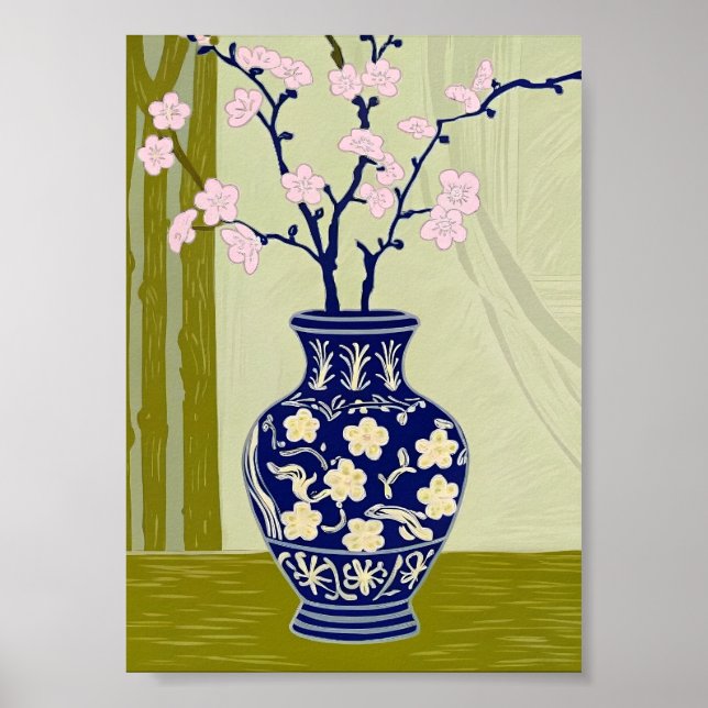 Póster Jarrón de Chinoiserie Blue Willow y Flor de Cerezo (Frente)