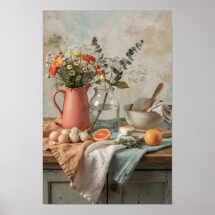 Póster Jarrón de coral, flores silvestres y cítricos